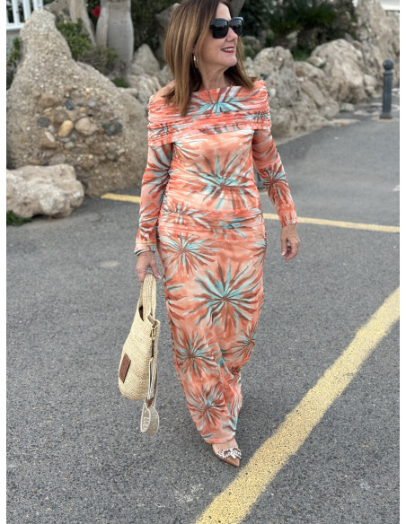 🌸 Vestido Bardot de Tul naranja: Elegancia en Tonos Pastel 🌈