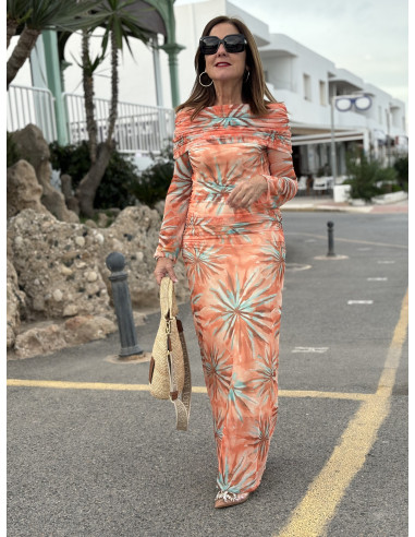 🌸 Vestido Bardot de Tul naranja: Elegancia en...