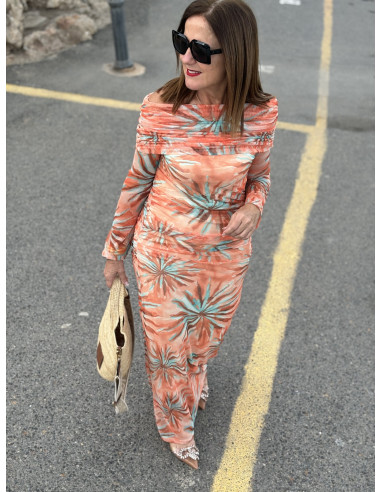 🌸 Vestido Bardot de Tul naranja: Elegancia en...