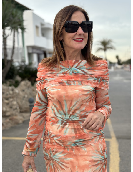 🌸 Vestido Bardot de Tul naranja: Elegancia en Tonos Pastel 🌈