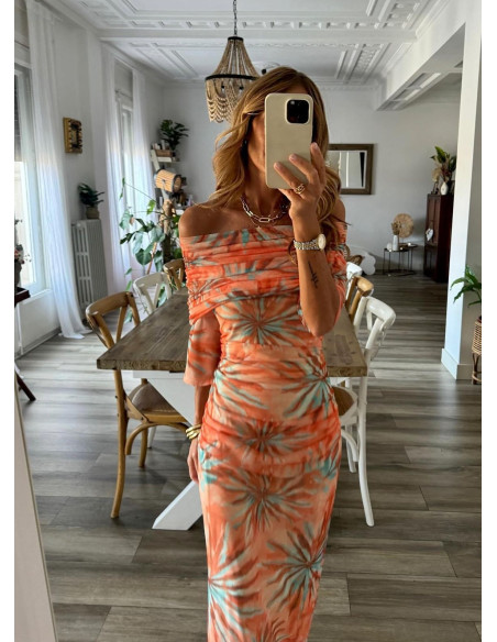 🌸 Vestido Bardot de Tul naranja: Elegancia en Tonos Pastel 🌈