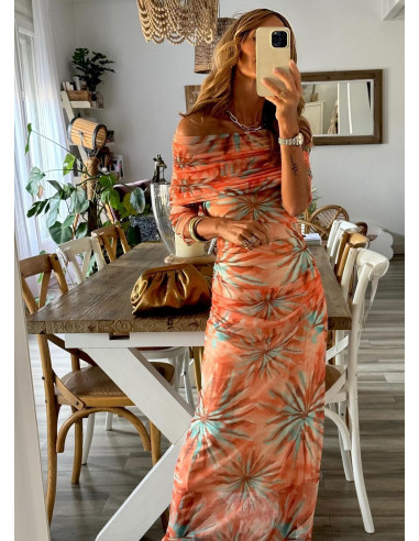 🌸 Vestido Bardot de Tul naranja: Elegancia en...