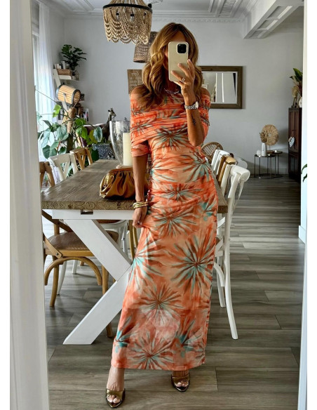 🌸 Vestido Bardot de Tul naranja: Elegancia en Tonos Pastel 🌈