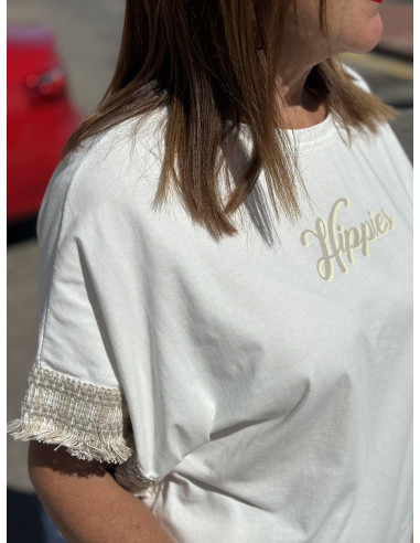 🌟 Camiseta Manga Corta "Happies" con Flecos en...