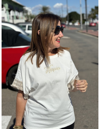 🌟 Camiseta Manga Corta "Happies" con Flecos en...