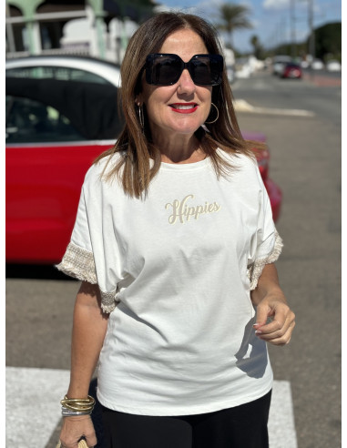 🌟 Camiseta Manga Corta "Happies" con Flecos en...