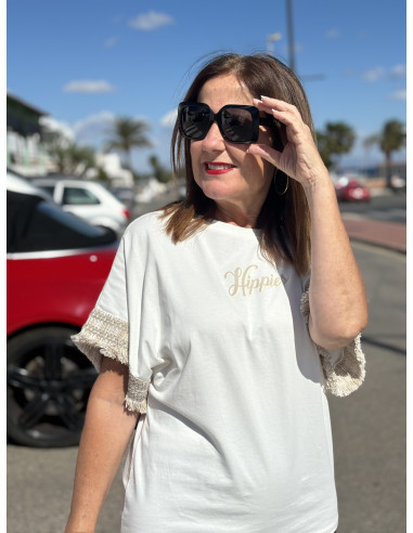 🌟 Camiseta Manga Corta "Happies" con Flecos en...