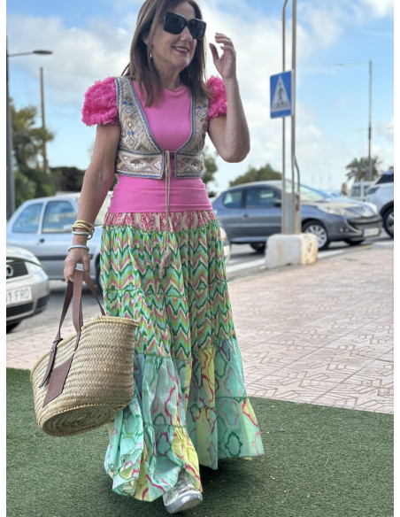 🌸✨ Falda Larga Estampada verde y turquesa: Elegancia y Frescura 🌈