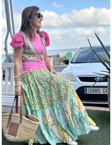 🌸✨ Falda Larga Estampada verde y turquesa:...