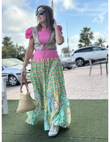 🌸✨ Falda Larga Estampada verde y turquesa:...