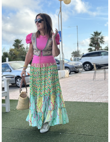 🌸✨ Falda Larga Estampada verde y turquesa:...