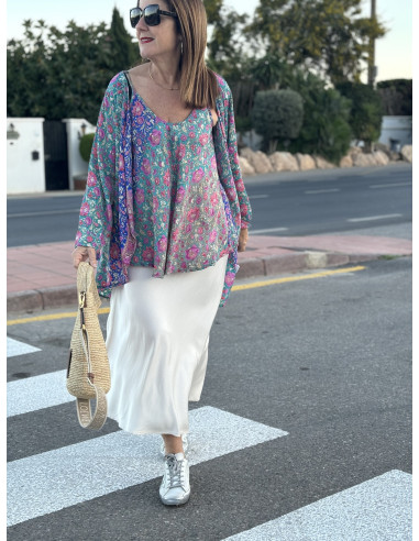 🌺 Kimono de Seda en Tonos Rosa y Azul:...