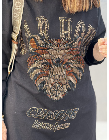 👗🐅✨ Vestido Negro con Tigre y Letras en Strass