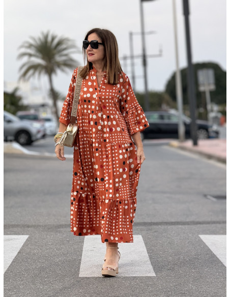 🌈 Vestido Satén Lunares Multicolores naranja