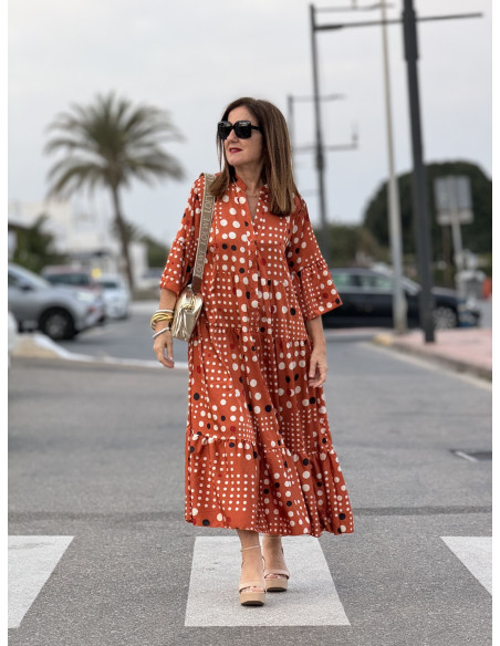 🌈 Vestido Satén Lunares Multicolores naranja