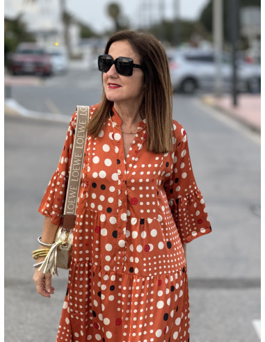 🌈 Vestido Satén Lunares Multicolores naranja
