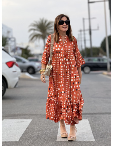 🌈 Vestido Satén Lunares Multicolores naranja