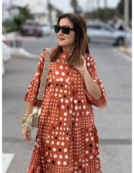 🌈 Vestido Satén Lunares Multicolores naranja