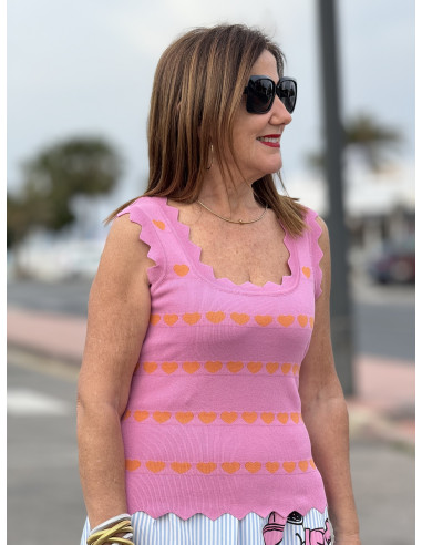 🌸🧡 Suéter Punto Rosa con Corazones Naranja