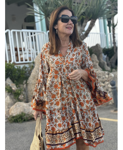 Vestido Seda Estampado Tonos Naranja