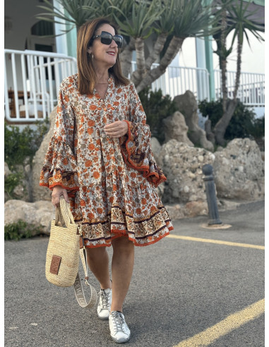 Vestido Seda Estampado Tonos Naranja