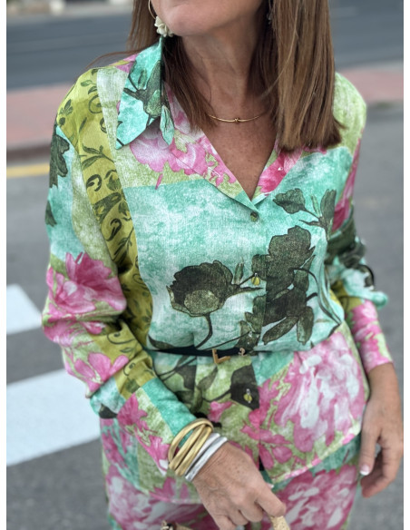 Conjunto Estampado: Flores en Verde y Rosa