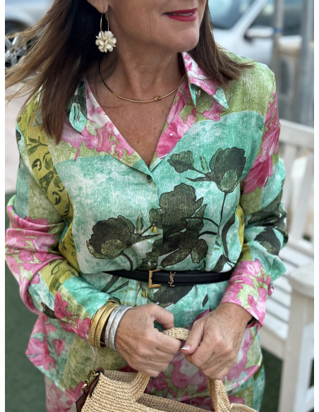 Conjunto Estampado: Flores en Verde y Rosa