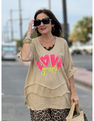 🌀 Camiseta Lino Zig-zag: LOVE en Tostado 🌀
