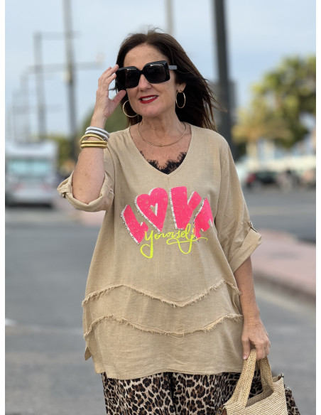 🌀 Camiseta Lino Zig-zag: LOVE en Tostado 🌀