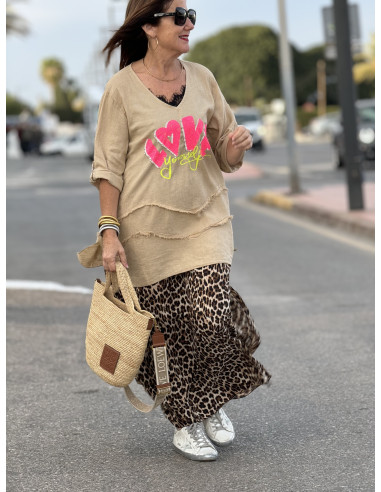 🌀 Camiseta Lino Zig-zag: LOVE en Tostado 🌀