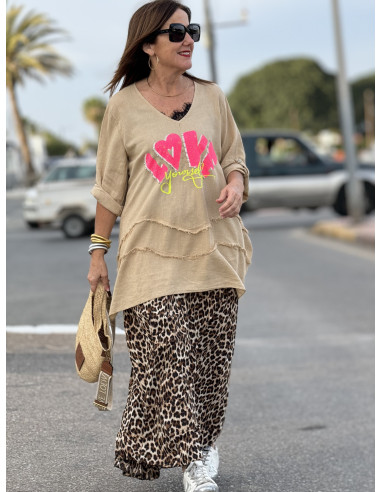 🌀 Camiseta Lino Zig-zag: LOVE en Tostado 🌀
