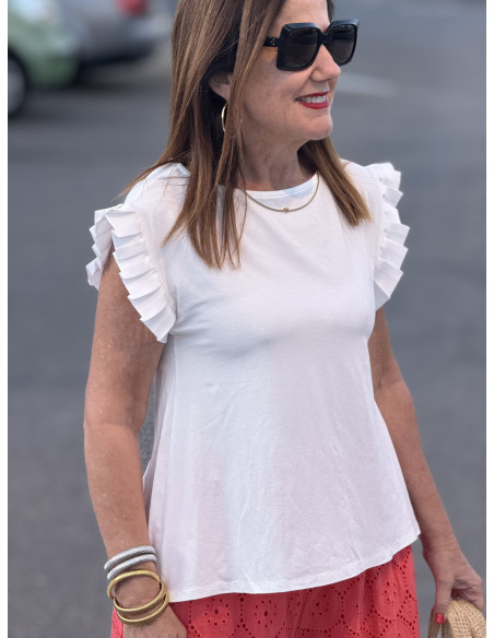 👚 Camiseta blanca con plisado de raso en las mangas 👚