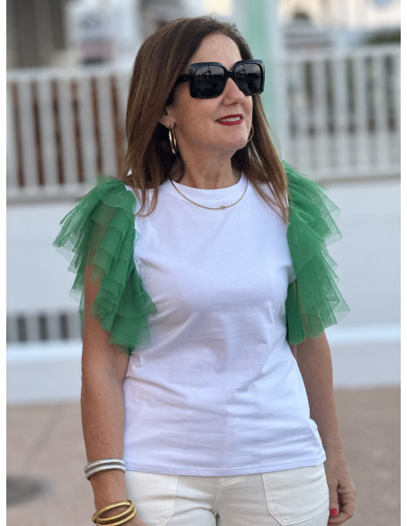 👚💃 Camiseta sin Manga con Volantes de Tul verde