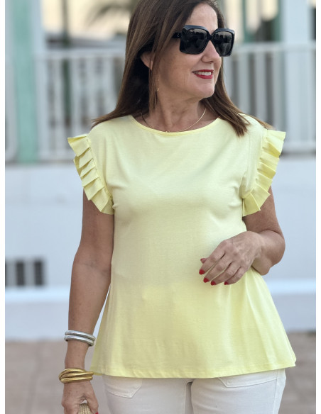 👚 Camiseta amarilla con plisado de raso en las mangas 👚