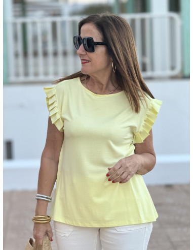 👚 Camiseta amarilla con plisado de raso en las...