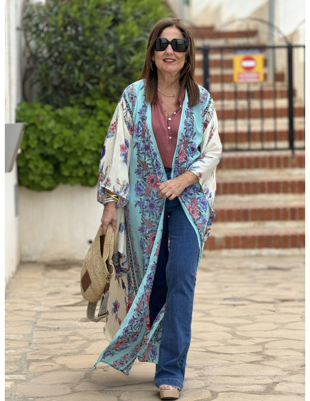 Kimono de seda fondo crudo con estampado de aves (ref 7980)