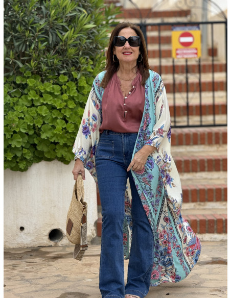 Kimono de seda fondo crudo con estampado de aves (ref 7980)