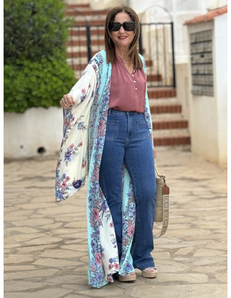 Kimono de seda fondo crudo con estampado de aves (ref 7980)