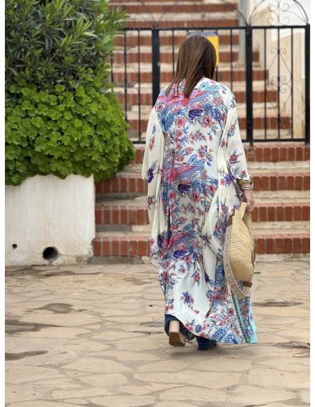 Kimono de seda fondo crudo con estampado de aves (ref 7980)
