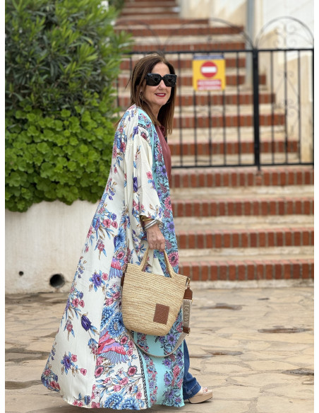Kimono de seda fondo crudo con estampado de aves (ref 7980)