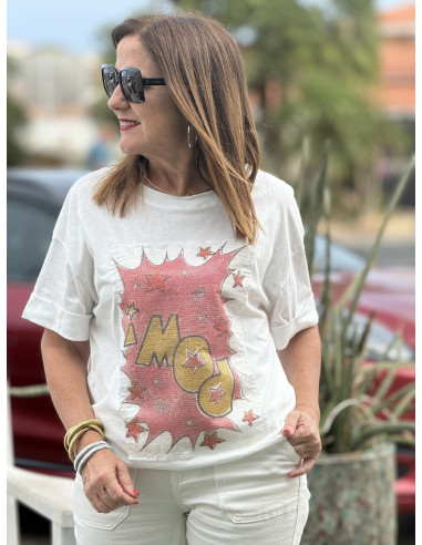 Camiseta Blanca con Diseño de Dibujo de Cómic y...