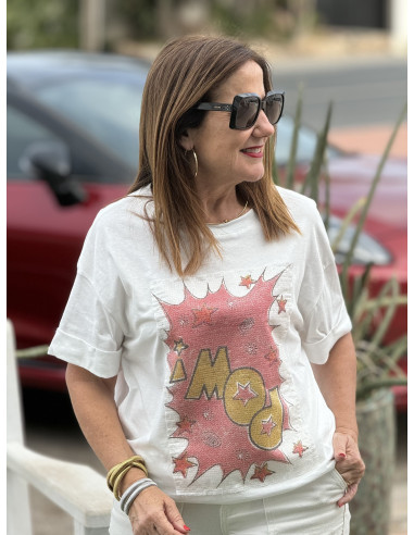 Camiseta Blanca con Diseño de Dibujo de Cómic y...