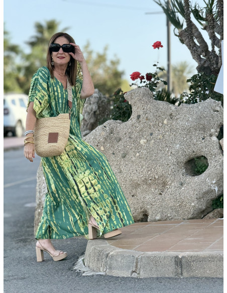 Maxi Vestido en Verde con Estampado en Lima