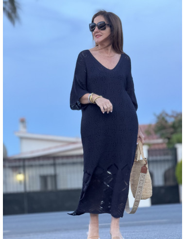 🌸 Vestido de Punto Azul Marino con Aberturas...