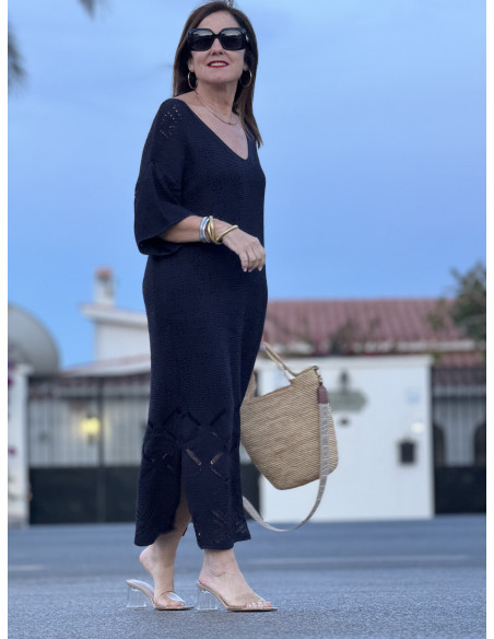 🌸 Vestido de Punto Azul Marino con Aberturas Laterales