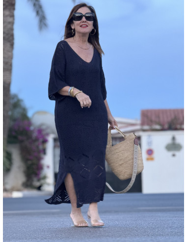 🌸 Vestido de Punto Azul Marino con Aberturas...
