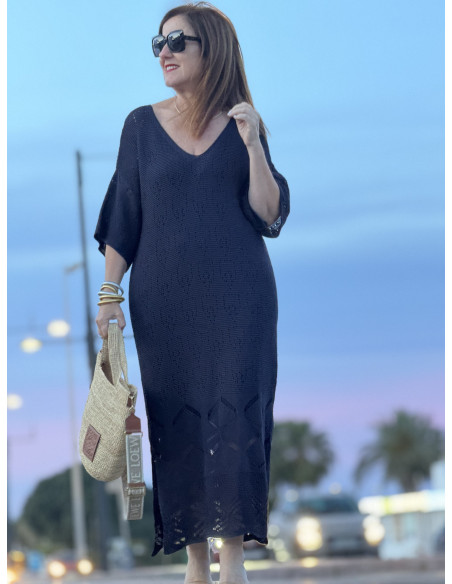 🌸 Vestido de Punto Azul Marino con Aberturas Laterales