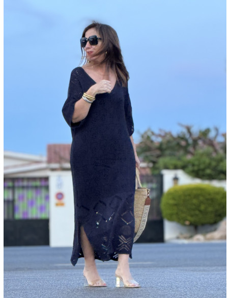 🌸 Vestido de Punto Azul Marino con Aberturas Laterales