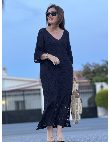 🌸 Vestido de Punto Azul Marino con Aberturas Laterales