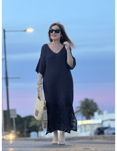 🌸 Vestido de Punto Azul Marino con Aberturas...
